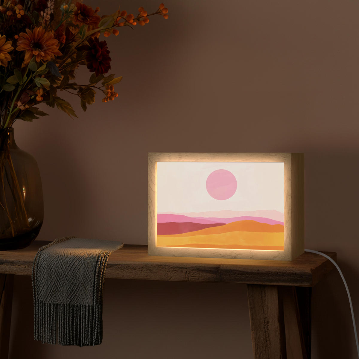 STOLNÍ LAMPA Kopce - oranžová - slunce - abstraktní 30x20 cm - chromová, kompozitní dřevo (8/30/20cm) - OnlyWow