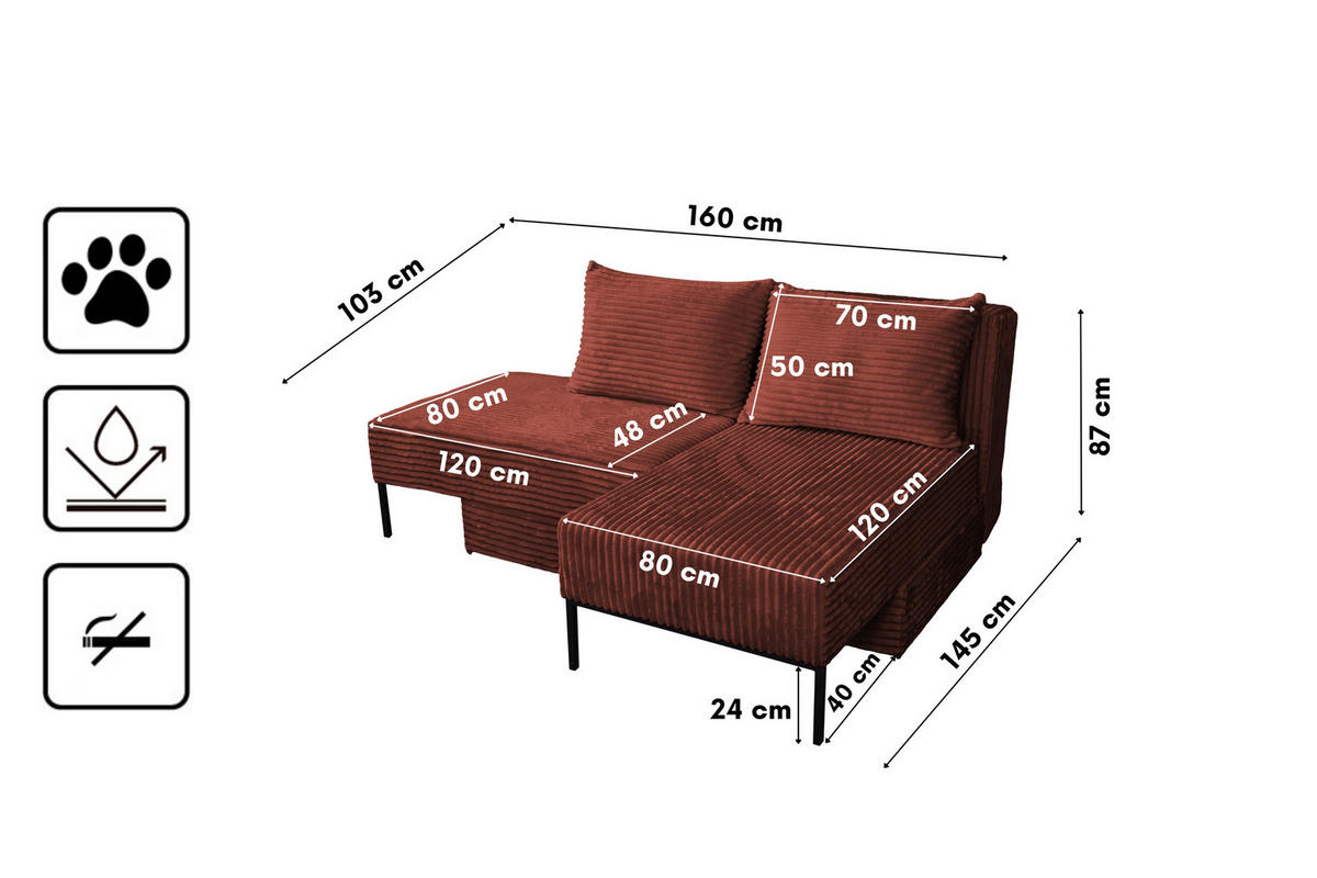 ECKSOFA Mit Schlaffunktion MOOKA 4in1-Multifunktions-System Stoff Velo Links Kupfer - Kupferfarben, Holz/Textil (145/160cm) - Kaiser Möbel