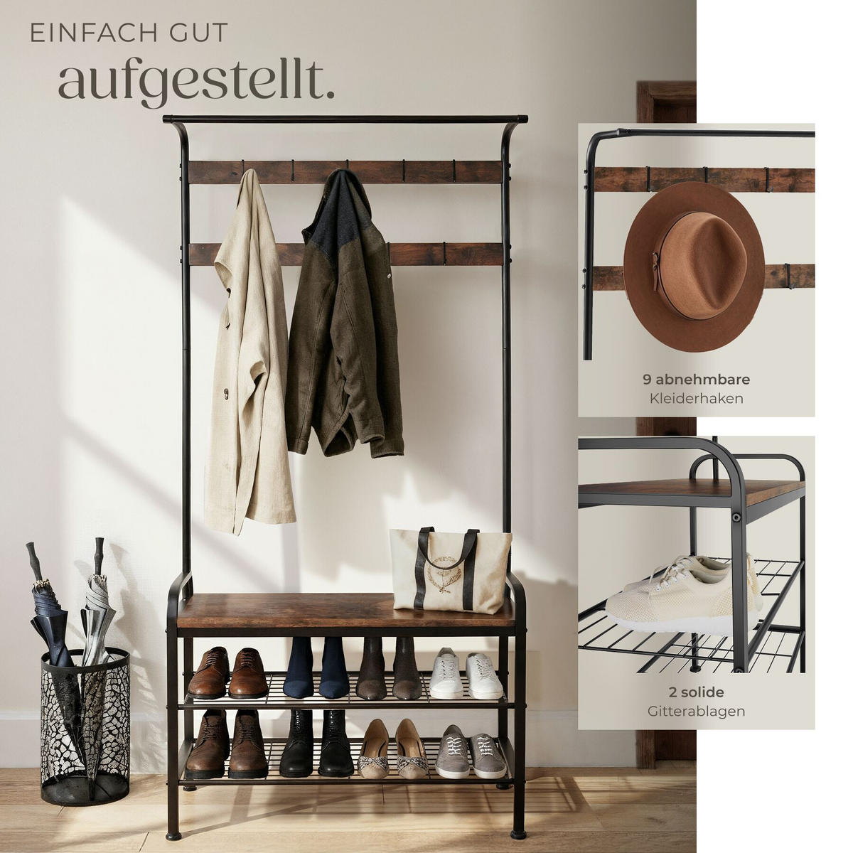 GARDEROBENSTÄNDER Alberta, inklusive Kippschutz, 85,5 x 36 x 184 cm, Industrial Holz dunkel, rustikal - Rostfarben, Textil (36/184/85.5cm) - tectake