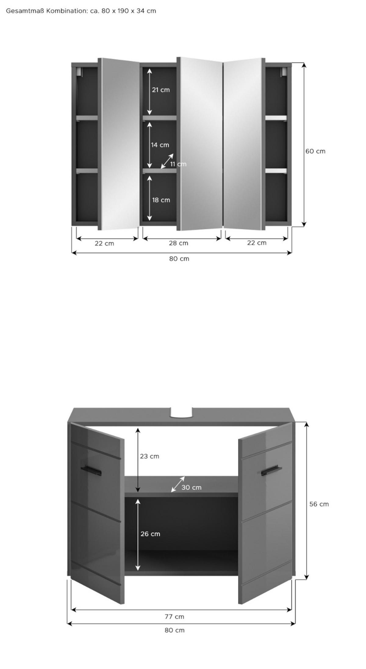BADMÖBEL-SET 2-teilig grau Hochglanz 80 cm, Badschränke mit Soft-Close - Grau, Glas/Holzwerkstoff (80/190/34cm) - Inn.Furn