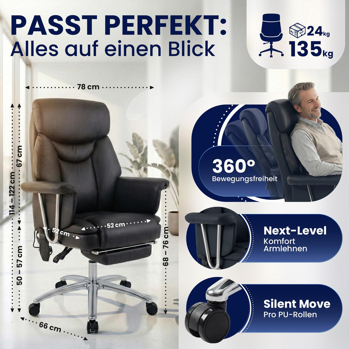 CHEFSESSEL Echtleder Schwarz - Chromfarben/Schwarz, Leder/Metall (78/114/66cm) - CLP
