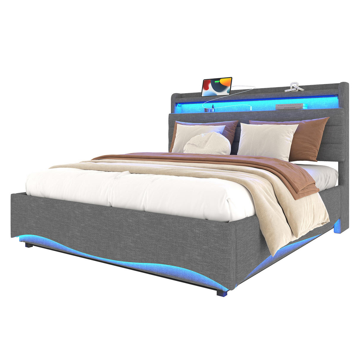 POLSTERBETT mit LED-Beleuchtung 140/200 cm mit Bettkasten & USB-C - Beige, Textil (140/200cm) - BEAOK