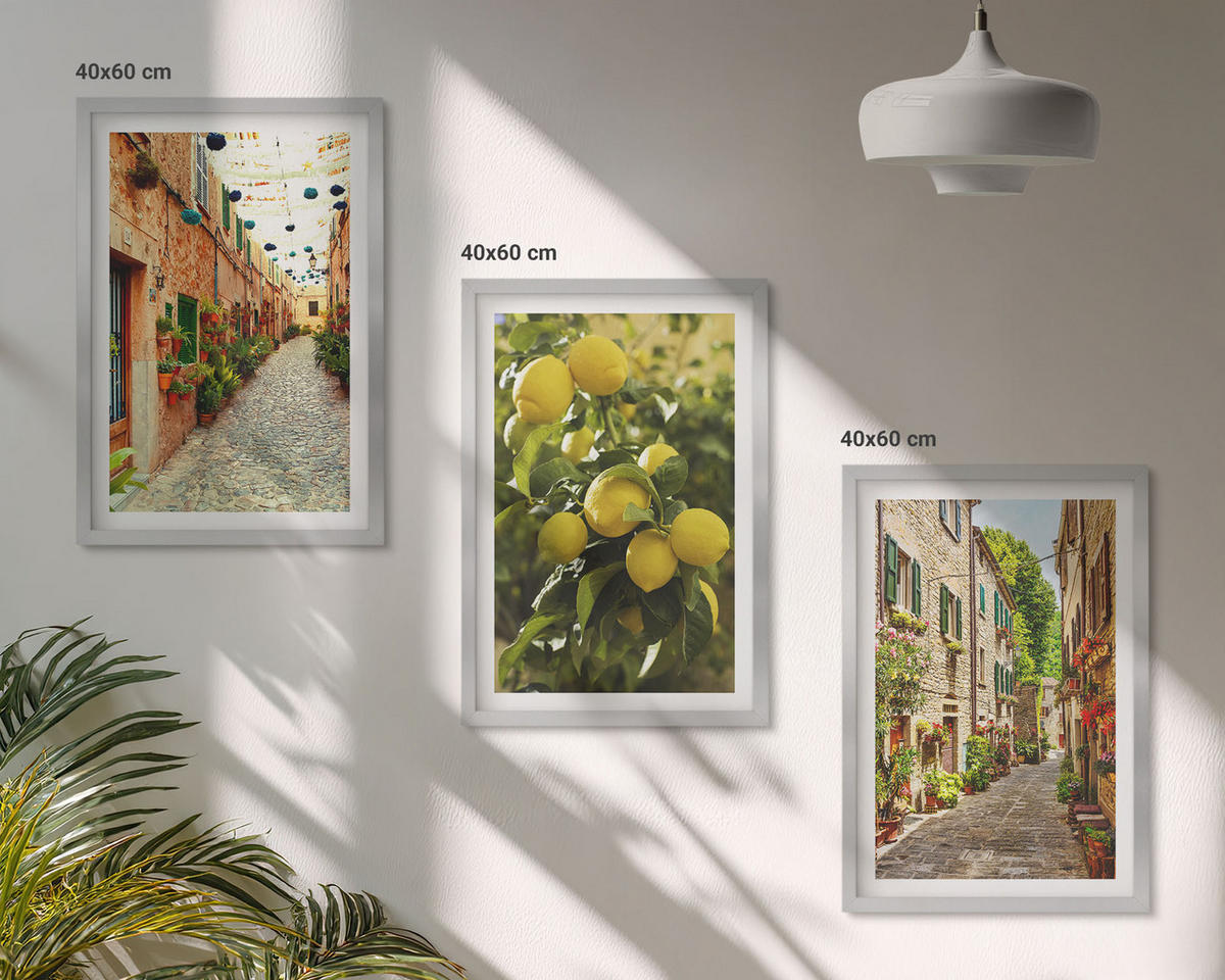 WANDBILDER 3er Set - 40x60 cm Silberner Rahmen - Straßen mit Zitronenblüten im Hintergrund - Silberfarben, Kunststoff (40/60cm) - ArtPrintCave