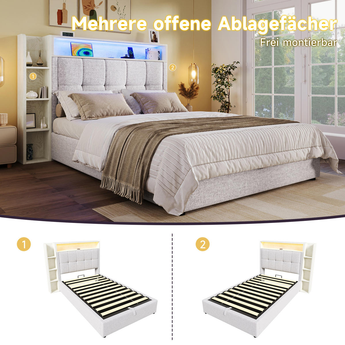 POLSTERBETT 90/200 cm Beige mit Stauraum, LED-Beleuchtung und USB- und Type-C-Anschlüssen - Beige, Textil (90/200cm) - Flora Grace