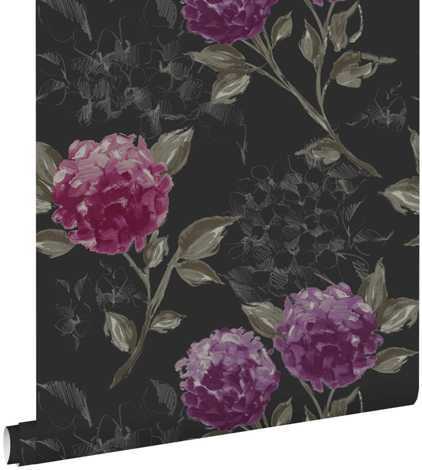 TAPETE Hortensien 53 cm x 10.05 m - Schwarz, Papier (53/1000cm) - ESTAhome