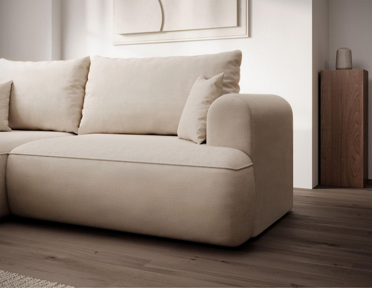 ECKSCHLAFSOFA Ovo Mini Creme Easy-Clean-Chenille-Bezug - Creme/Schwarz, Kunststoff/Textil (238/156cm) - Selsey