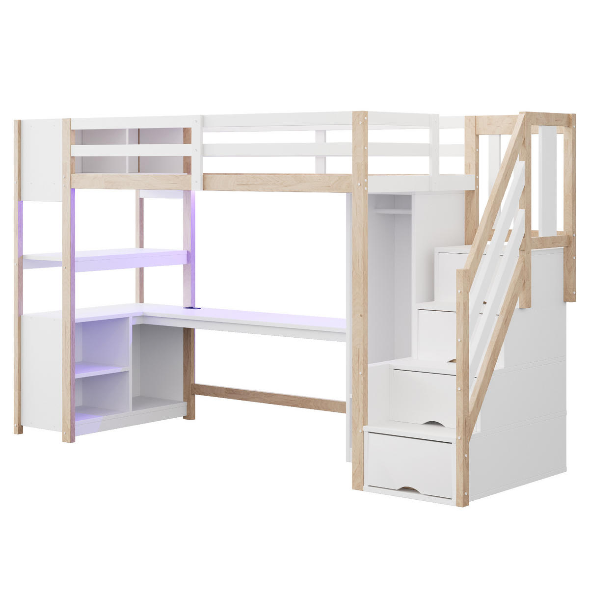 HOCHBETT 90/200 cm mit Schreibtisch, Kleiderschrank, Stauraumtreppe und LED-Beleuchtung, Weiß/Natur - Weiß, Holzwerkstoff (90/200cm) - Redom