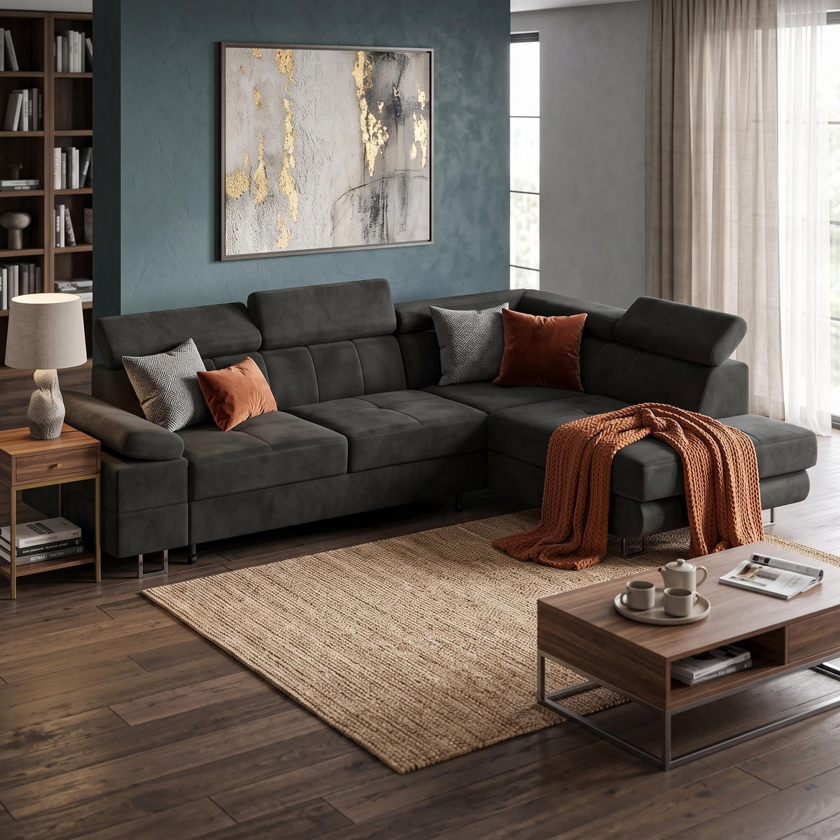 ECKSOFA CAROLINE Rechts Hellrosa Velours-Stoff mit Schlaffunktion und Bettkasten - Chromfarben/Pink, Textil (253/190cm) - Barchello