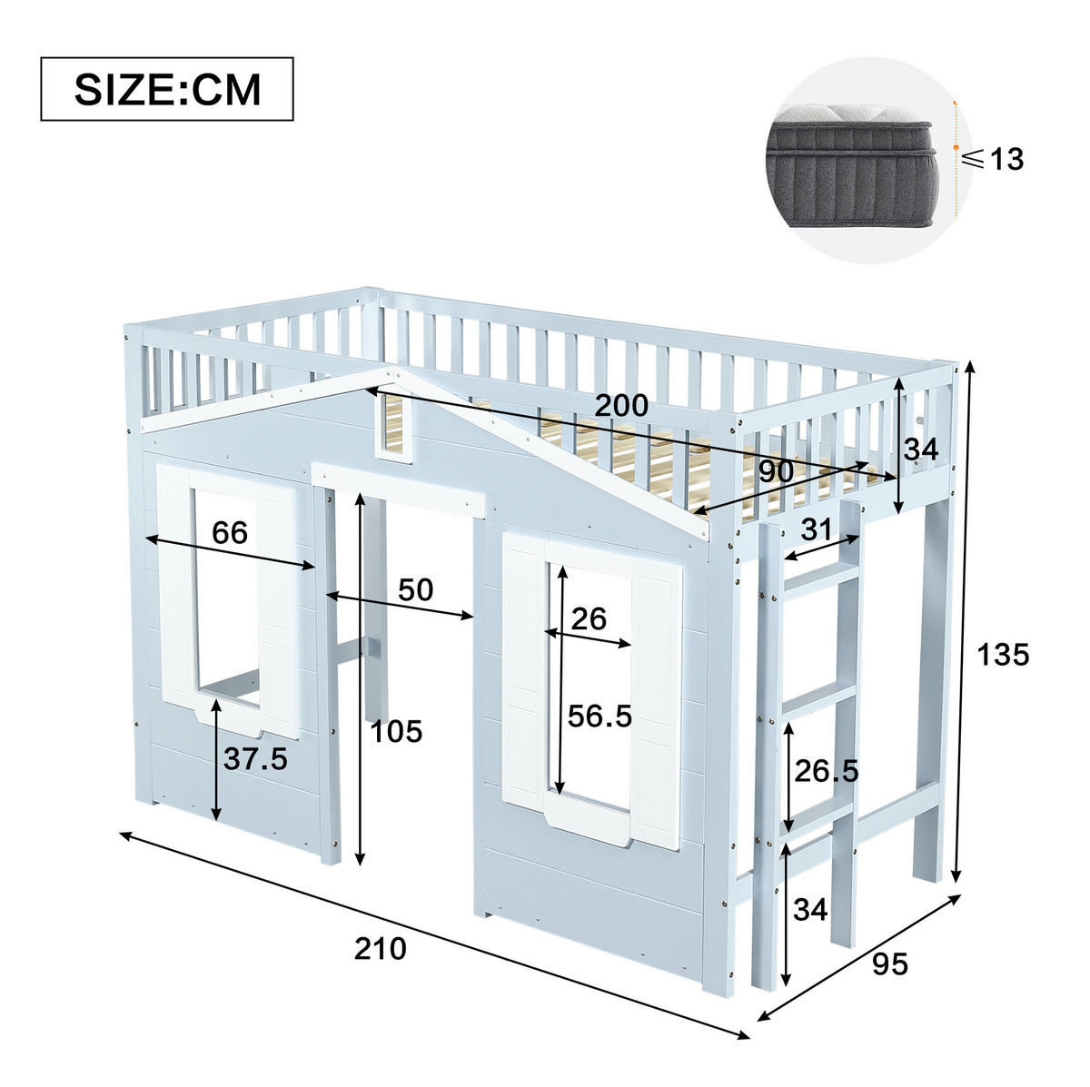 HOCHBETT 90/200 cm in Weiß und Blau mit flexibler Treppe und Fenstergestaltung - Blau, Holzwerkstoff (90/200cm) - Flora Grace