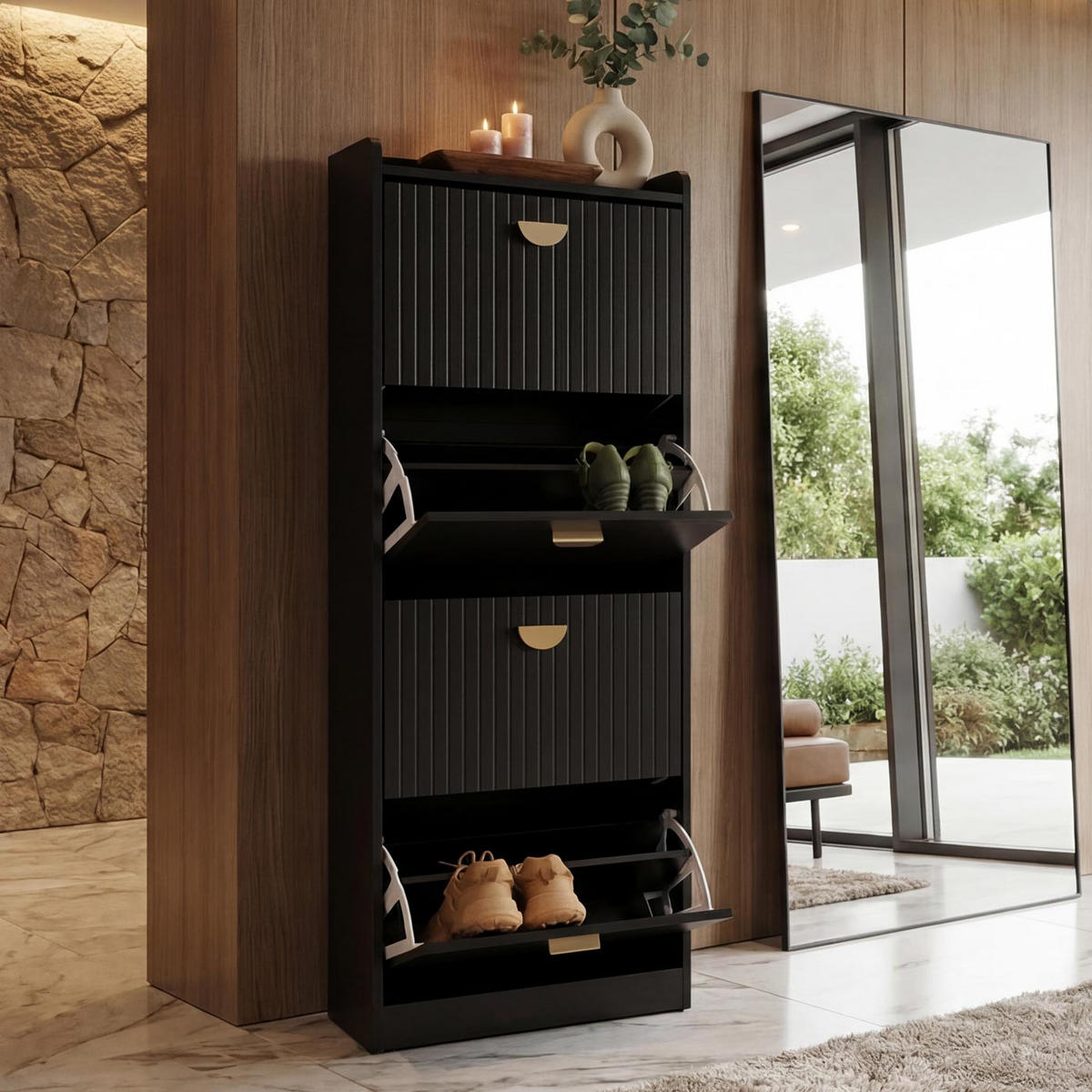 SCHUHSCHRANK Schwarz - Schwarz, Holzwerkstoff (50/148/24cm) - Jamb