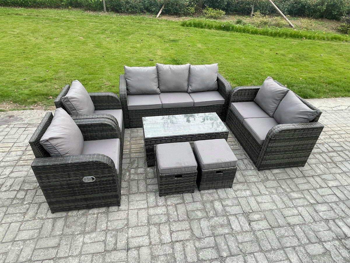 GARTENMÖBEL SET mit Sofa Polyrattan 9-Sitzer Dunkelgrau - Dunkelgrau/Grau, Glas/Kunststoff - Fimous