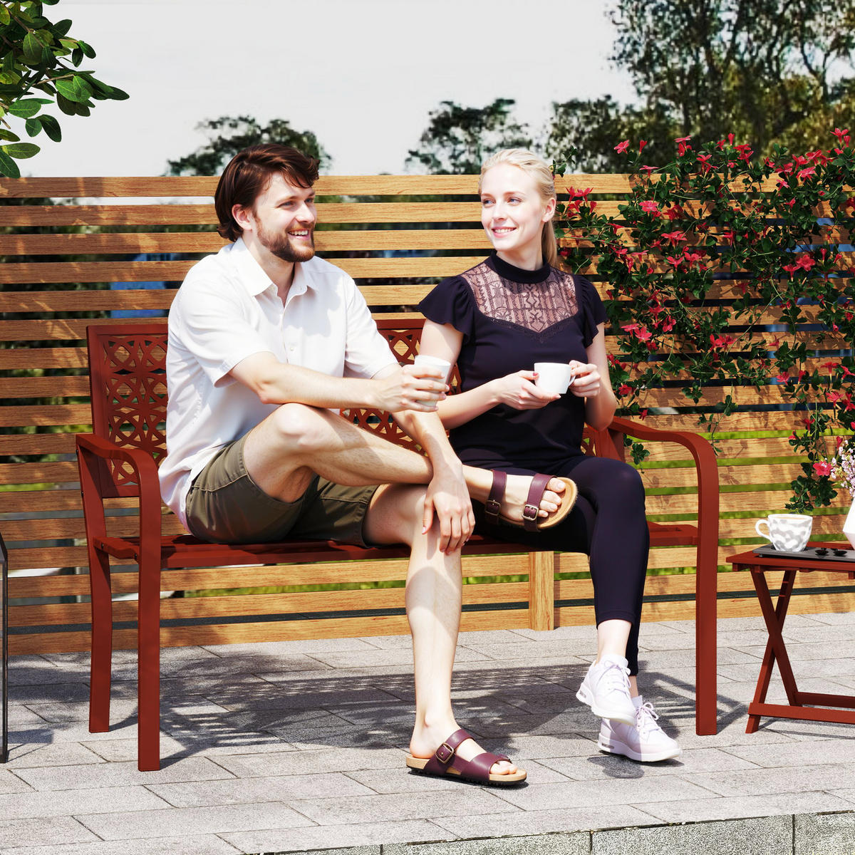 GARTENBANK 2-Sitzer - Rot, Metall (63/85/127cm) - Outsunny