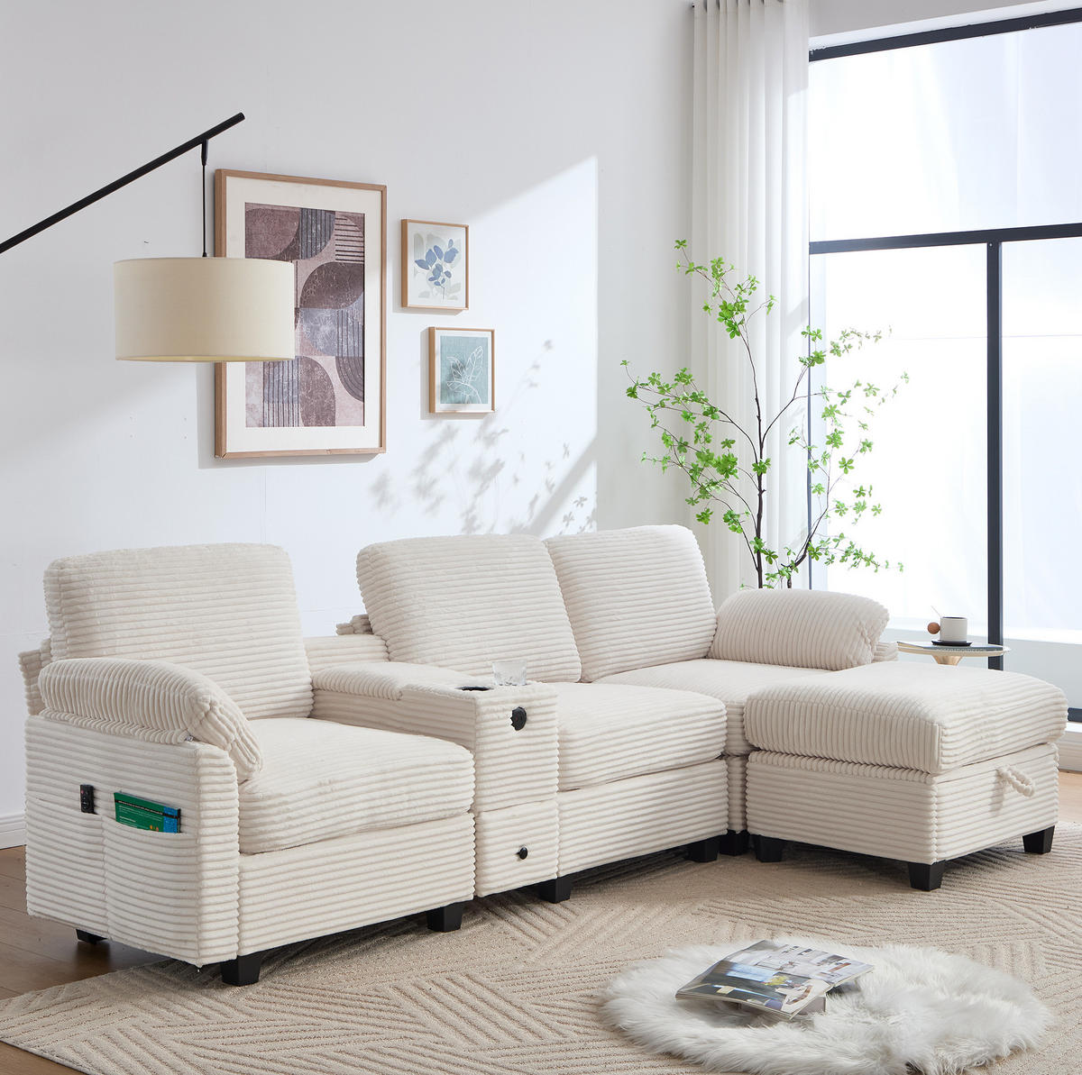 ECKSOFA aus Cord 266x136x82 cm Beige mit USB-C, verschiebbarer Mittelkonsole und Stauraumhocker - Beige, Textil (136/266cm) - Modfu