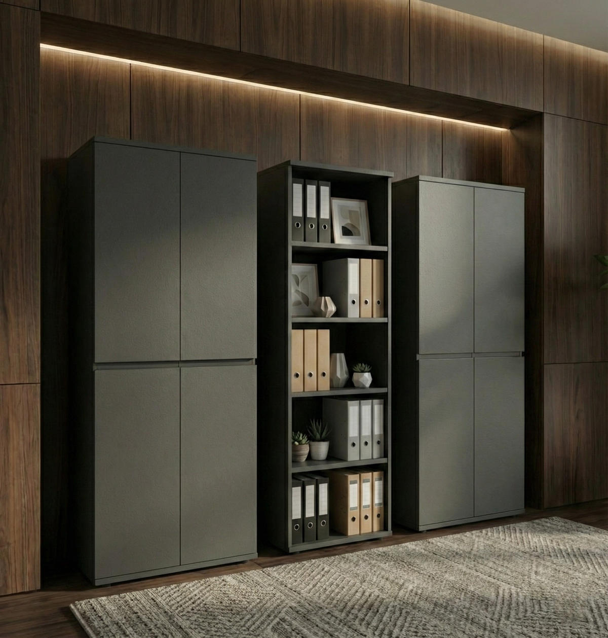 BÜRO-SET "Stuttgart" groß mit 3 Aktenschränke Soft-Close 272x197 cm Graphit - Schwarz, Holzwerkstoff (272/197/40cm) - KADIMA DESIGN