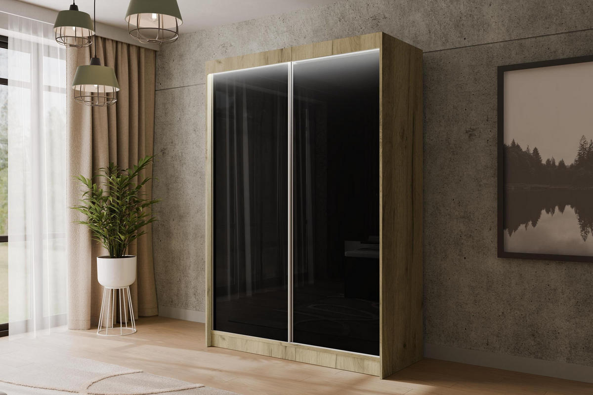KLEIDERSCHRANK PEKA mit LED - 120 cm - Eichefarben|Schwarz - Eichefarben/Schwarz, Holzwerkstoff (120/215/61cm) - ALTDECOR