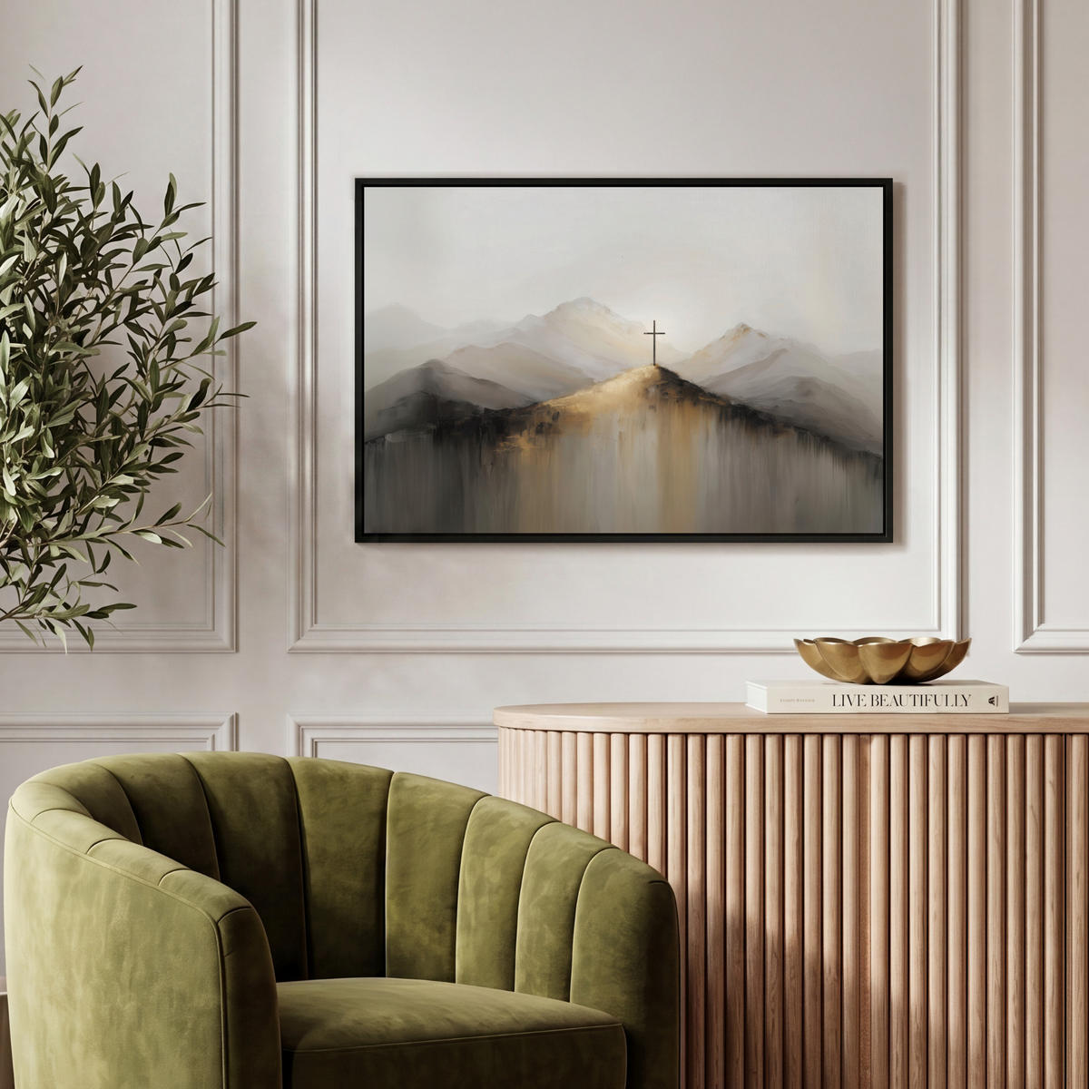 LEINWAND Bilder mit Rahmen - Hügel - Abstrakt - Kreuz - Christentum - 60x40 - Beige, Textil (60/40cm) - MuchoWow