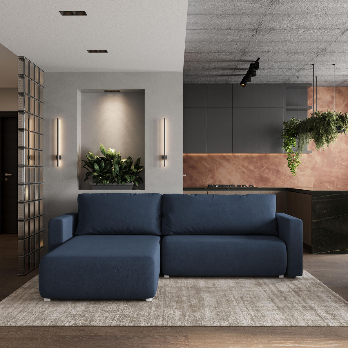 ECKSOFA TURIN Blau Geflochtener Stoff mit Schlaffunktion - Blau, Holz (265/183cm) - MASSENO