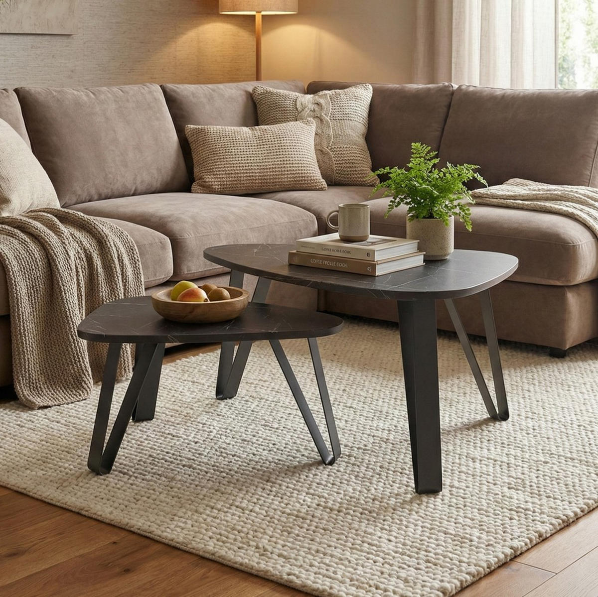 COUCHTISCH Ovio, Doppel Kaffeetisch mit dreieckigen Tischplatten, Schwarz+Black Pietra Girgia - Schwarz, Metall (60/94/42cm) - Beautysofa