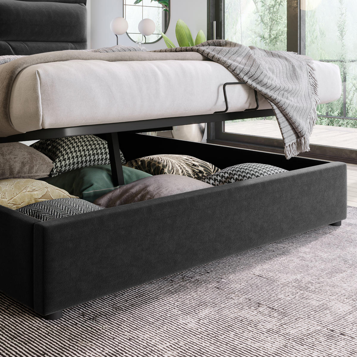 ČALOUNĚNÁ POSTEL 140/200 cm v černé barvě s úložným prostorem ze sametu - černá, kov/kompozitní dřevo (140/200cm) - CHICFURN