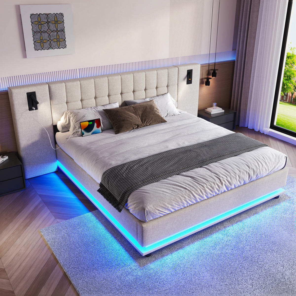 POLSTERBETT aus Leinen und MDF 180x200 cm Beige mit LED-Beleuchtung, Lesespot und USB-Anschluss - Beige, Textil (180/200cm) - IVMEU