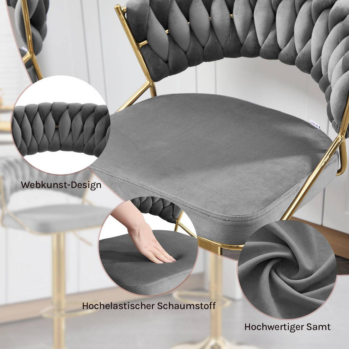 BARHOCKER 4er Set, mit geflochtener Rückenlehne, Samt, Dunkelgrau - Dunkelgrau/Goldfarben, Textil/Metall (48/83/46.5cm) - Woltu