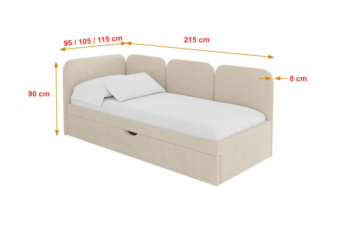 EINZELLBETT Jugendbett mit Bettkasten, Rechts - ALVY 80x200 Beige - Kaschmir, Holzwerkstoff/Textil (80/200cm) - ALTDECOR