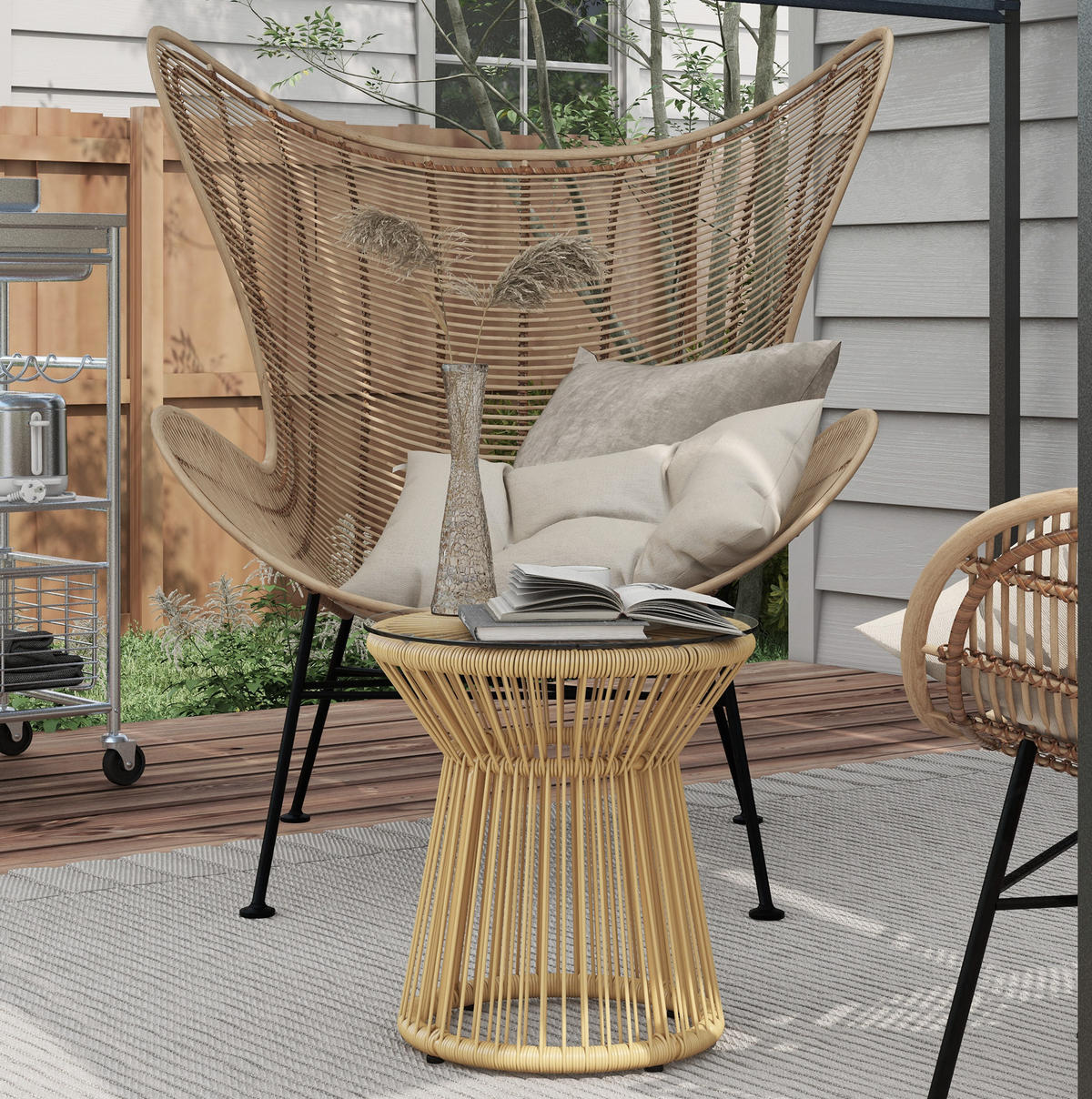 BEISTELLTISCH 40/40/42 cm beige aus Rattan mit Glasplatte - Beige, Kunststoff (40/40/42cm) - OKWISH