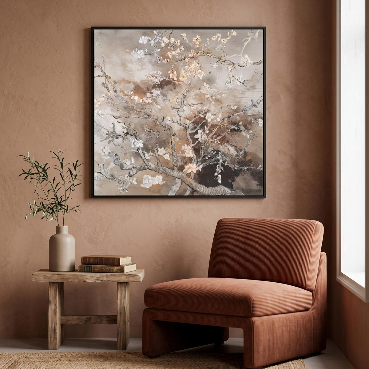LEINWAND Bilder mit Rahmen - Mandelblüte - Kunst - Van Gogh - Beige - Abstrakt - 90x90 - Braun, Textil (90/90cm) - MuchoWow