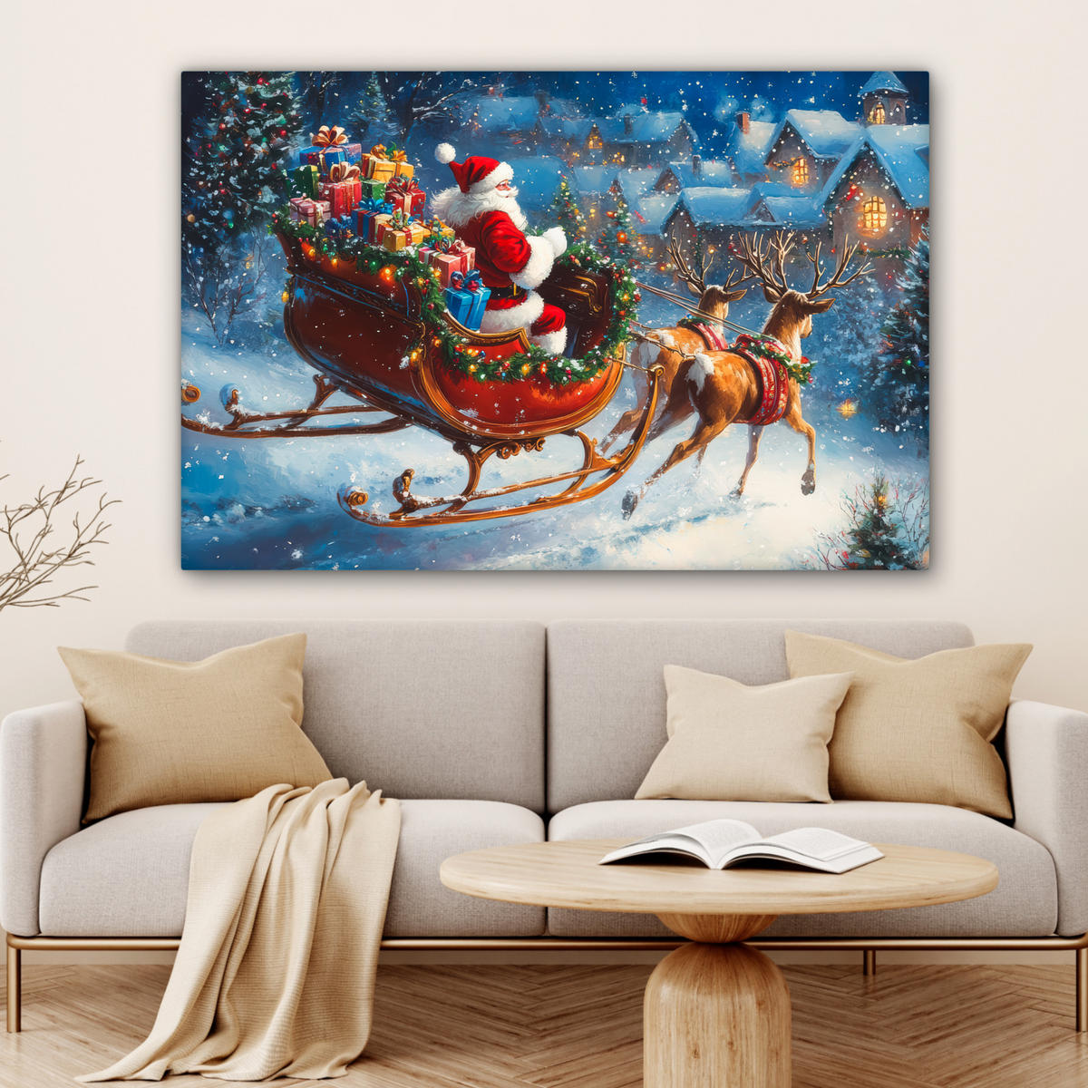 LEINWANDBILD Weihnachtsmann - Rentier - Weihnachten - Schnee Wohnzimmer 120x80 cm - Cognac, Textil (120/80cm) - MuchoWow