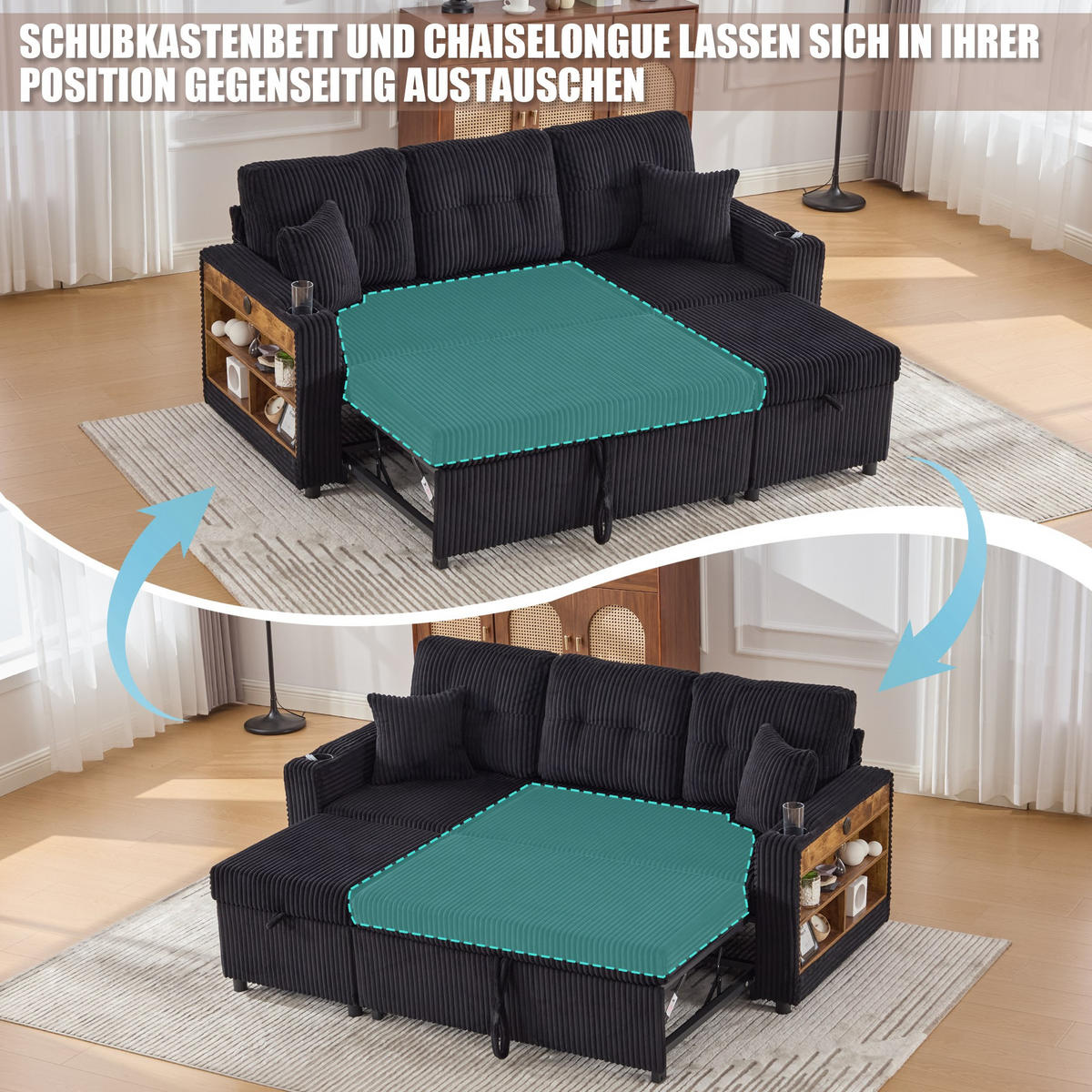SCHLAFSOFA 3-er Sofa mit Schlaffunktion,Aufbewahrungshocker,Cord,Schwarz - Schwarz, Textil (196/85/119cm) - LVHOM