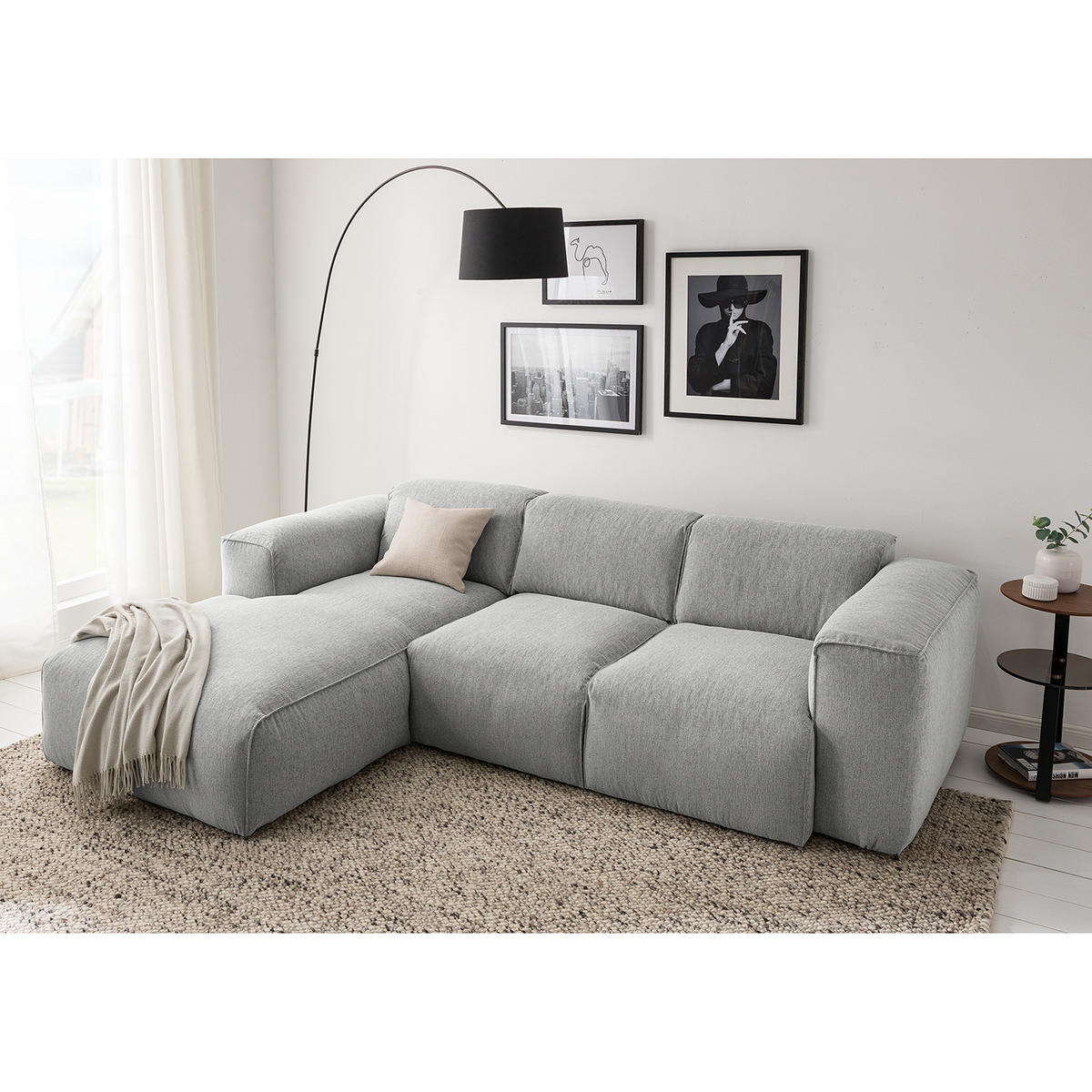 3-SITZER ECKSOFA mit Longchair - Hellgrau/Schwarz, Kunststoff/Textil (251/173cm) - home24