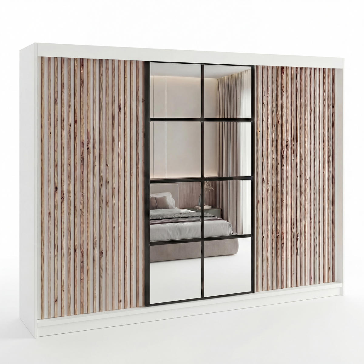 SCHWEBETÜRENSCHRANK NORIVO-Weiß, Weiß-Lamelle, Schwarz-Spiegel, Weiß-Lamelle 200 cm - Schwarz/Weiß, Holzwerkstoff (200/215/59.5cm) - A&J MöbelLand