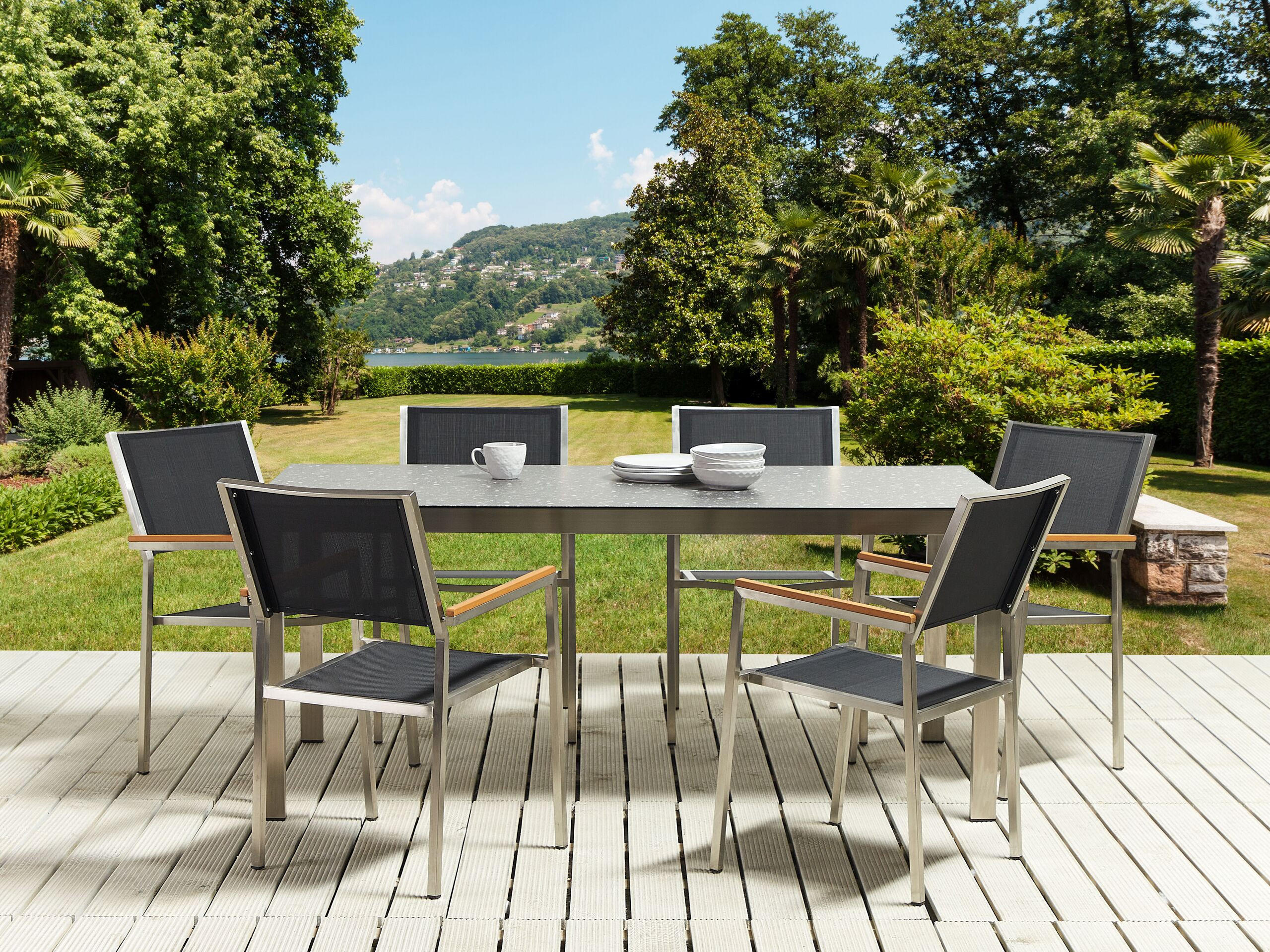 GARTENTISCH Keramik-Glas Granit Optik schwarz 180/90 cm Cosoleto - Silberfarben/Schwarz, Glas (180/90/75cm) - Beliani