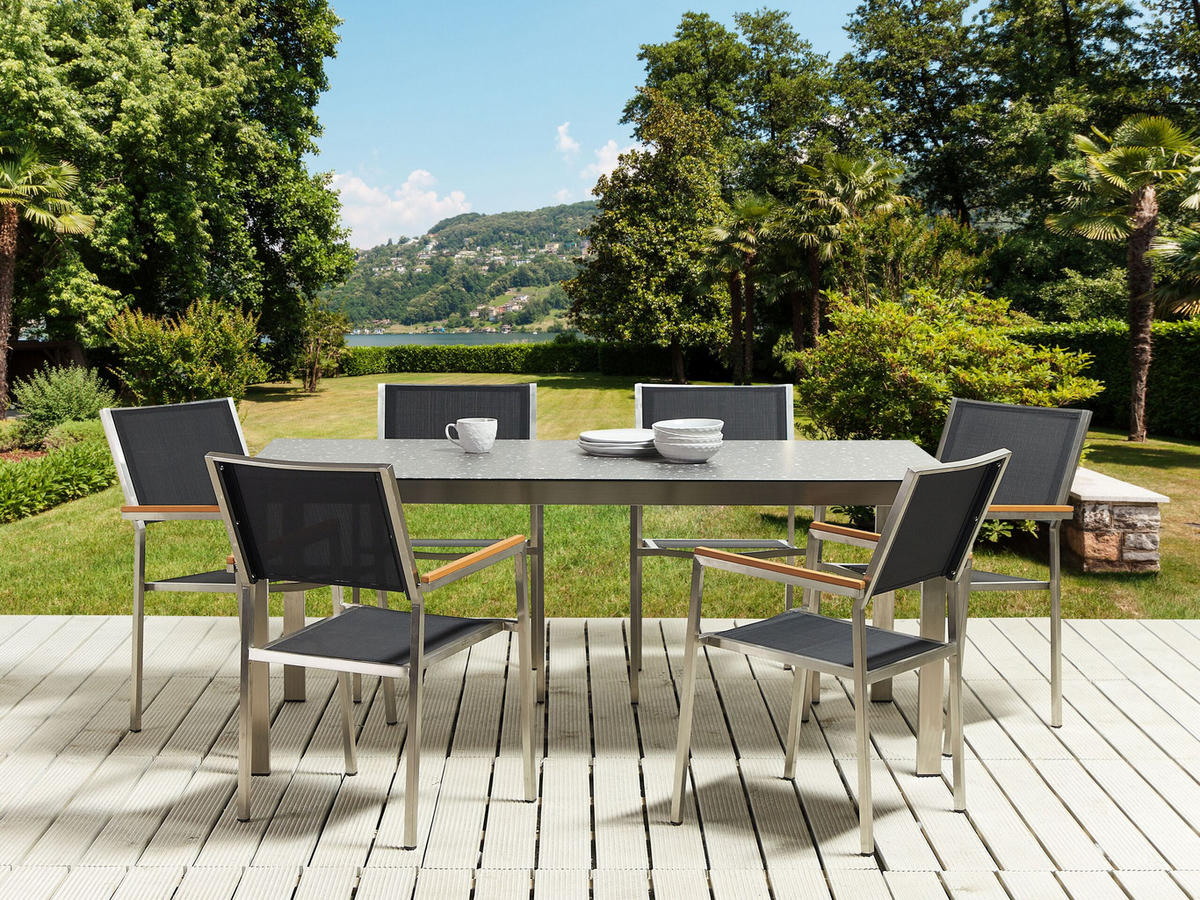GARTENTISCH Keramik-Glas Granit Optik schwarz 180/90 cm Cosoleto - Silberfarben/Schwarz, Glas (180/90/75cm) - Beliani