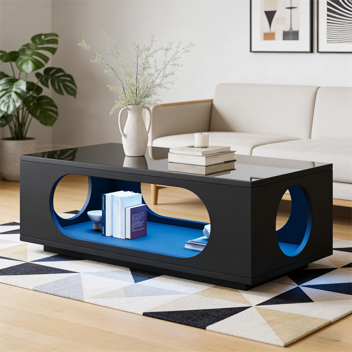COUCHTISCH in Schwarz Hochglänzender Wohnzimmertisch mit LED (App-Steuerung), B100/T50H35 cm - Schwarz, Holzwerkstoff (50/100/35cm) - STILVORA