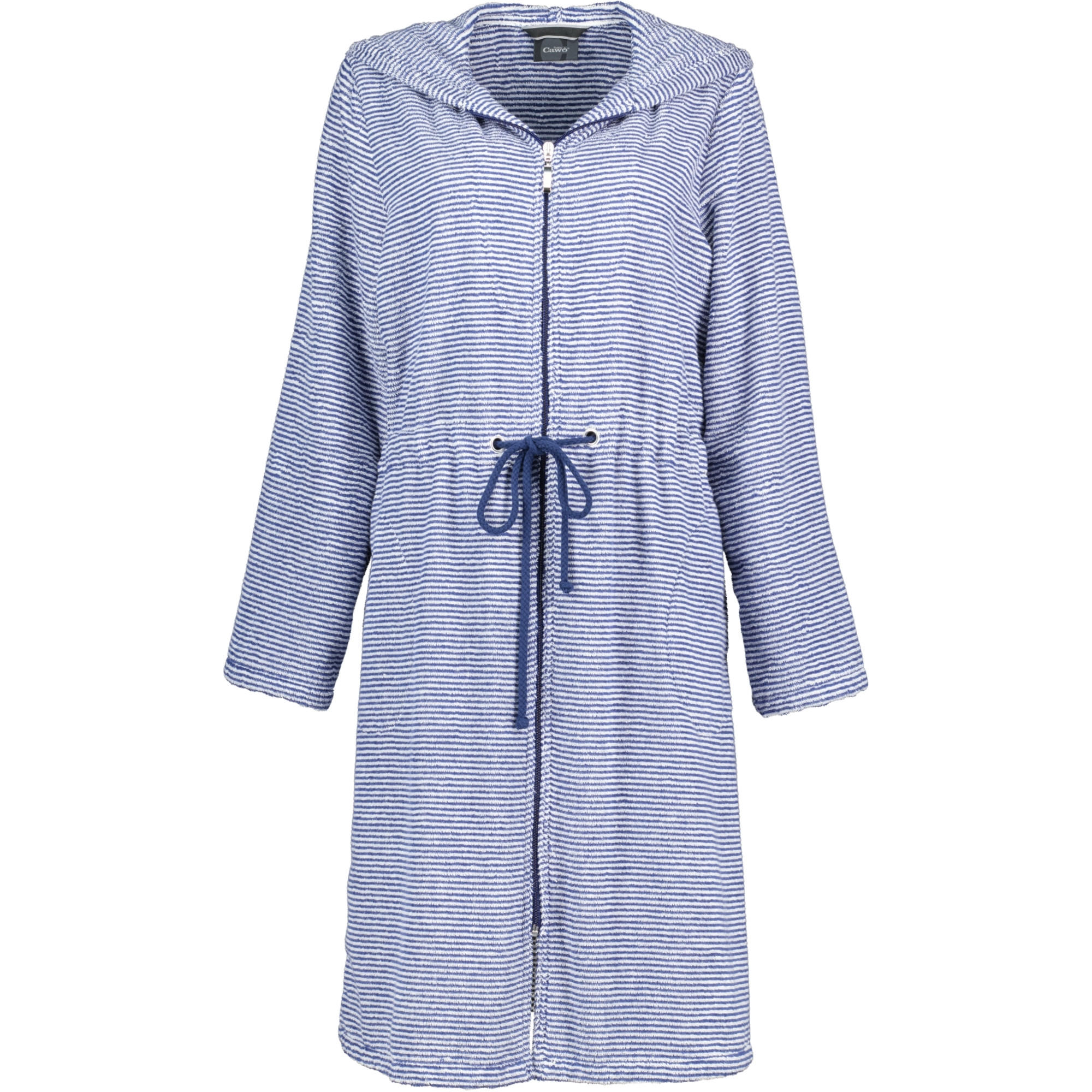 BADEMANTEL DAMEN KURZMANTEL MIT REISSVERSCHLUSS UND KAPUZE STREIFEN 3335 NAVY-WEISS - 16 - Blau, Textil (Mnull) - Cawoe
