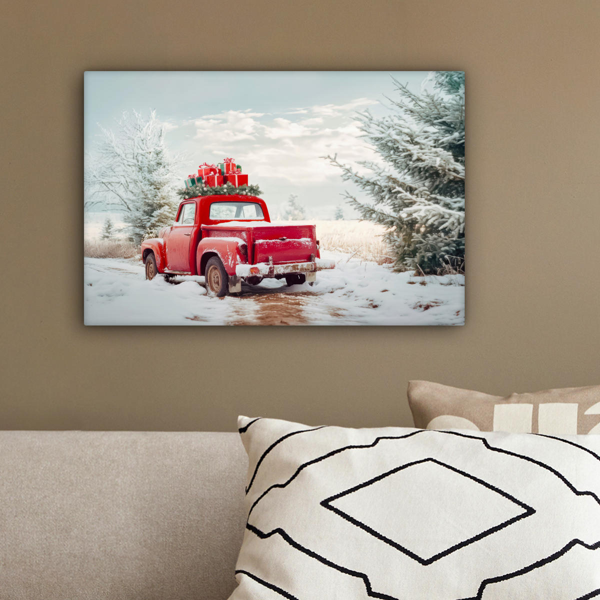 LEINWANDBILD Auto - Rot - Geschenke - Winter - Schnee - Weihnachten 30x20 cm - Rot, Textil (30/20cm) - MuchoWow