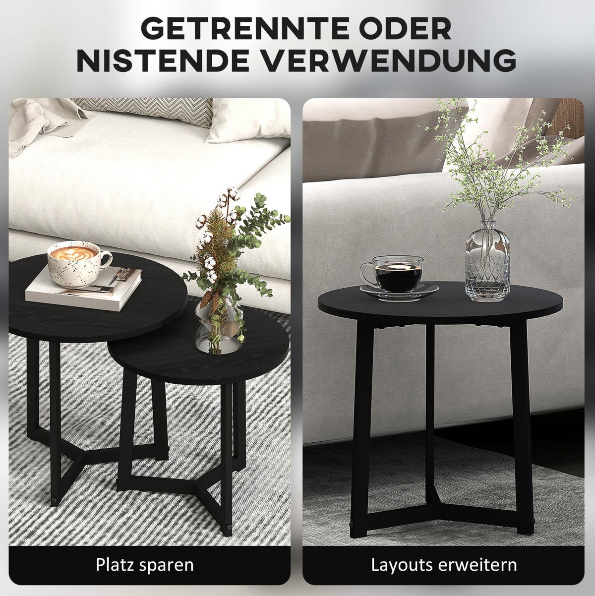 COUCHTISCH-SET 48/48/45 cm, ineinanderschiebbar mit Stahlgestell und MDF-Platte, Schwarz - Schwarz, Metall (48/48/45cm) - Redom