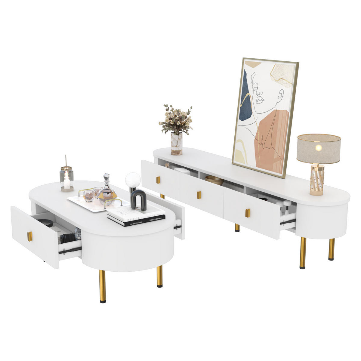 TV-SCHRANK und Couchtisch Kombination 174/50/40 cm weiß MDF mit goldenen Griffen - Weiß, Holzwerkstoff (174/41/35cm) - OKWISH