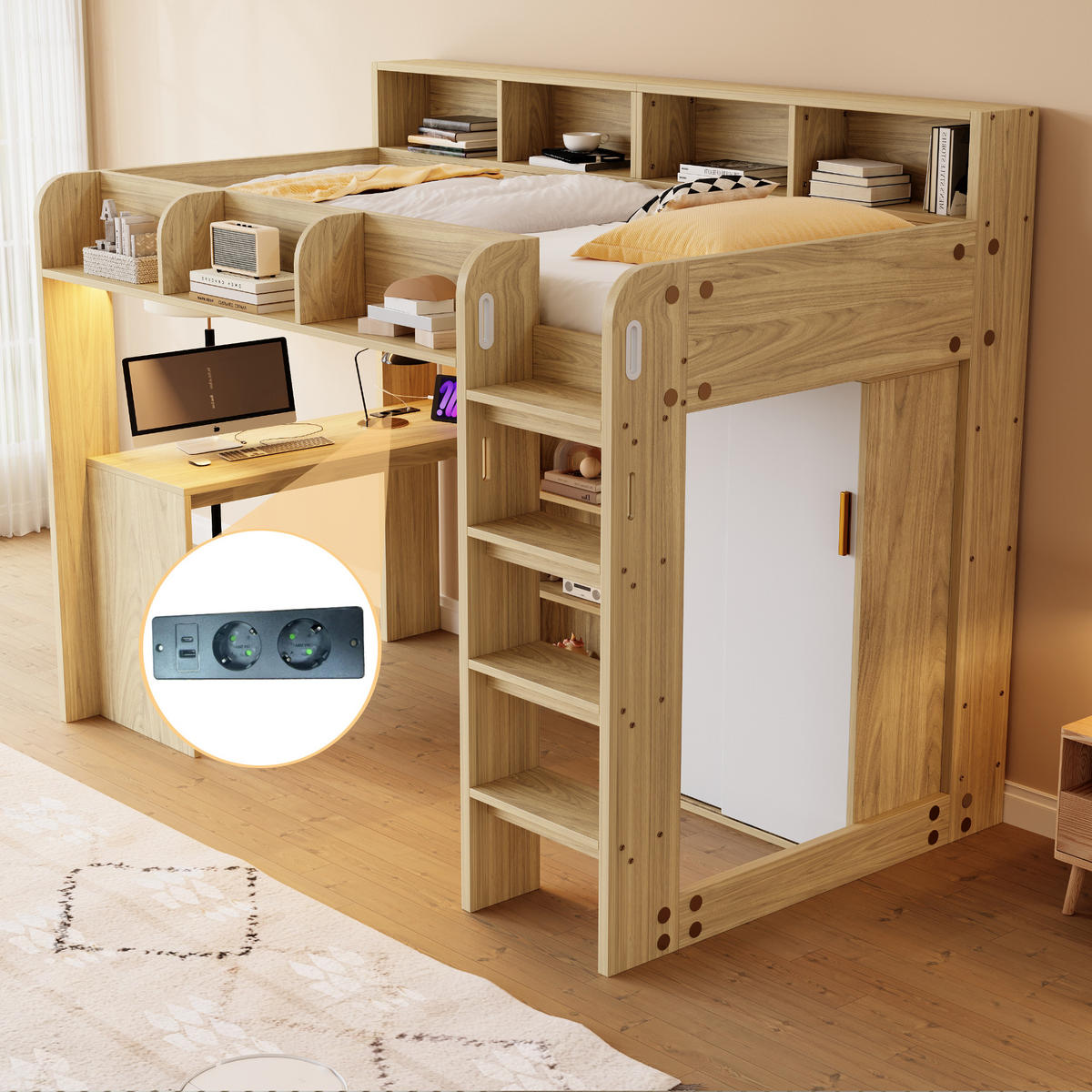 HOCHBETT 90x200 Holz Schreibtisch Schrank LED - Naturfarben, Holzwerkstoff (90/200cm) - FLIEKS