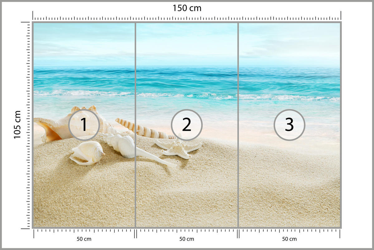 FOTOTAPETE für Badezimmer Muscheln Strand Sand Wellen Meer 150x105 - Beige/Weiß, Papier (150/105cm) - Muralo