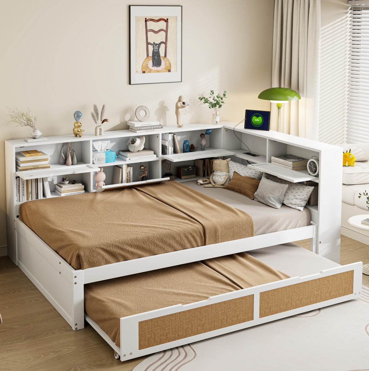 BETT 140/200 cm in Weiß mit Ausziehbett, Stauraum und USB-Ladeanschlüssen - Weiß, Holz (140/200cm) - BEAOK