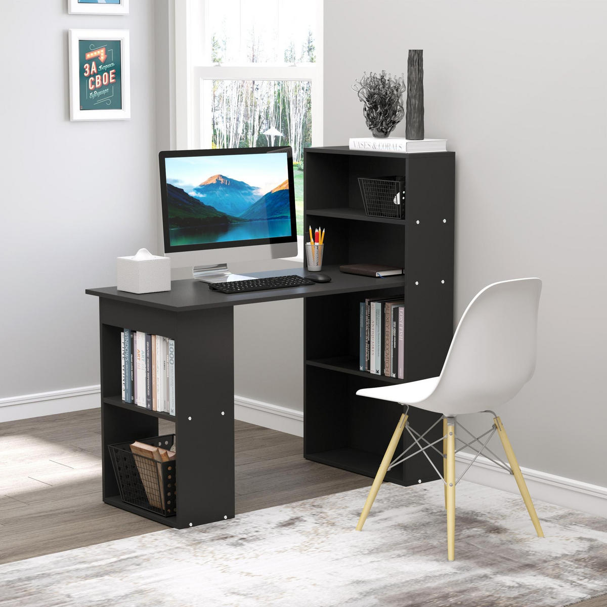 SCHREIBTISCH Schwarz mit 6 offenen Fächern und Regal 120/55/120 cm - Schwarz, Holz (55/120/120cm) - PANGIVO