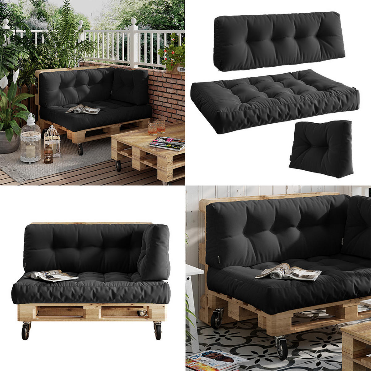 PALETTENKISSEN SET Ohio Anthrazit 3 Teile, wasserabweisend - Anthrazit, Textil (120/15/80cm) - Vicco