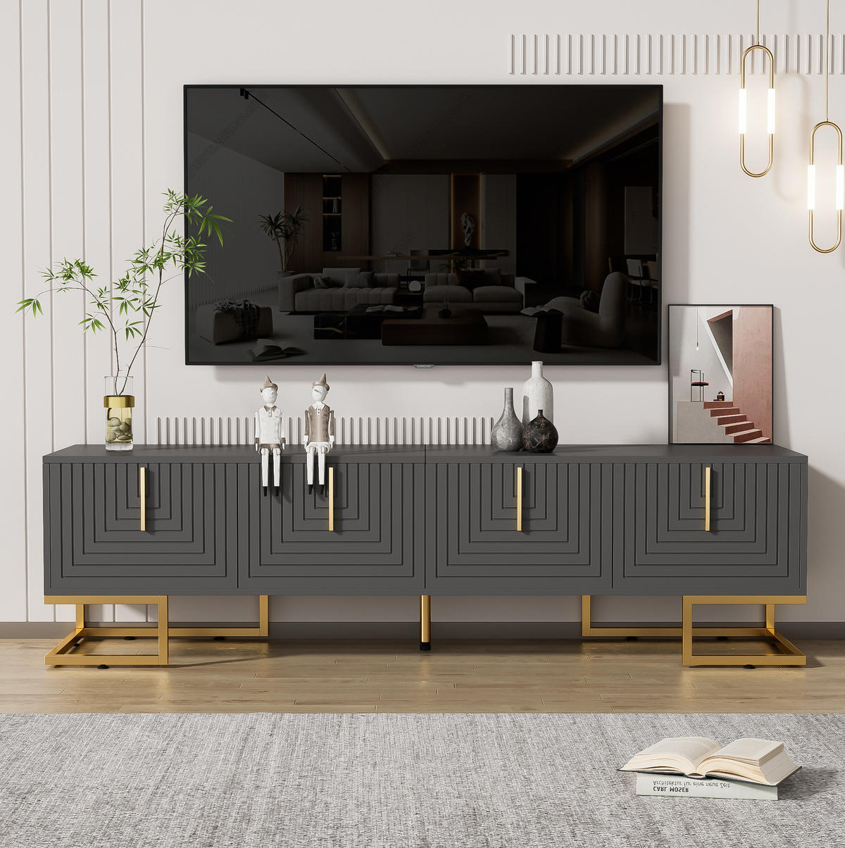 TV komoda z dřevotřísky, 170/40/45,5 cm šedočerná se 4 dvířky - šedá, kompozitní dřevo (170/45.5/40cm) - BEAOK