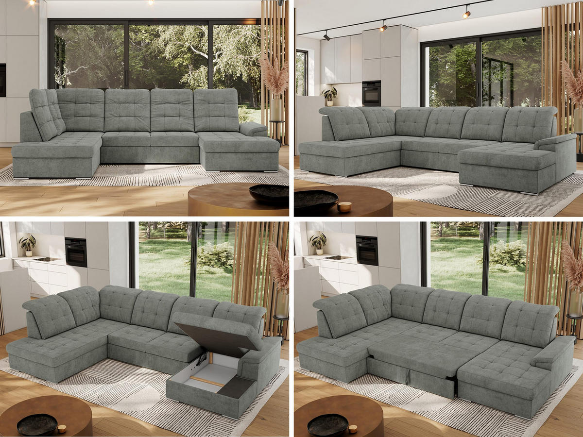 WOHNLANDSCHAFT MADRITO U - Grau Struktur - Links - Silberfarben/Grau, Textil/Metall (204/89/323cm) - MKS