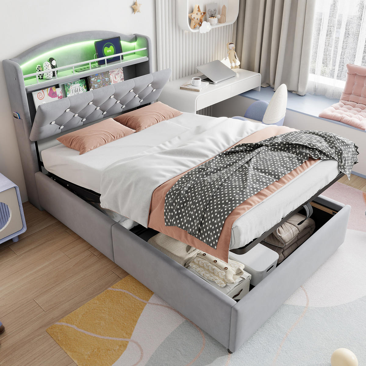 KINDERBETT mit Stauraum 90x200 cm Samt Grau mit LED und USB - Grau, Metall (90/200cm) - Meubliv