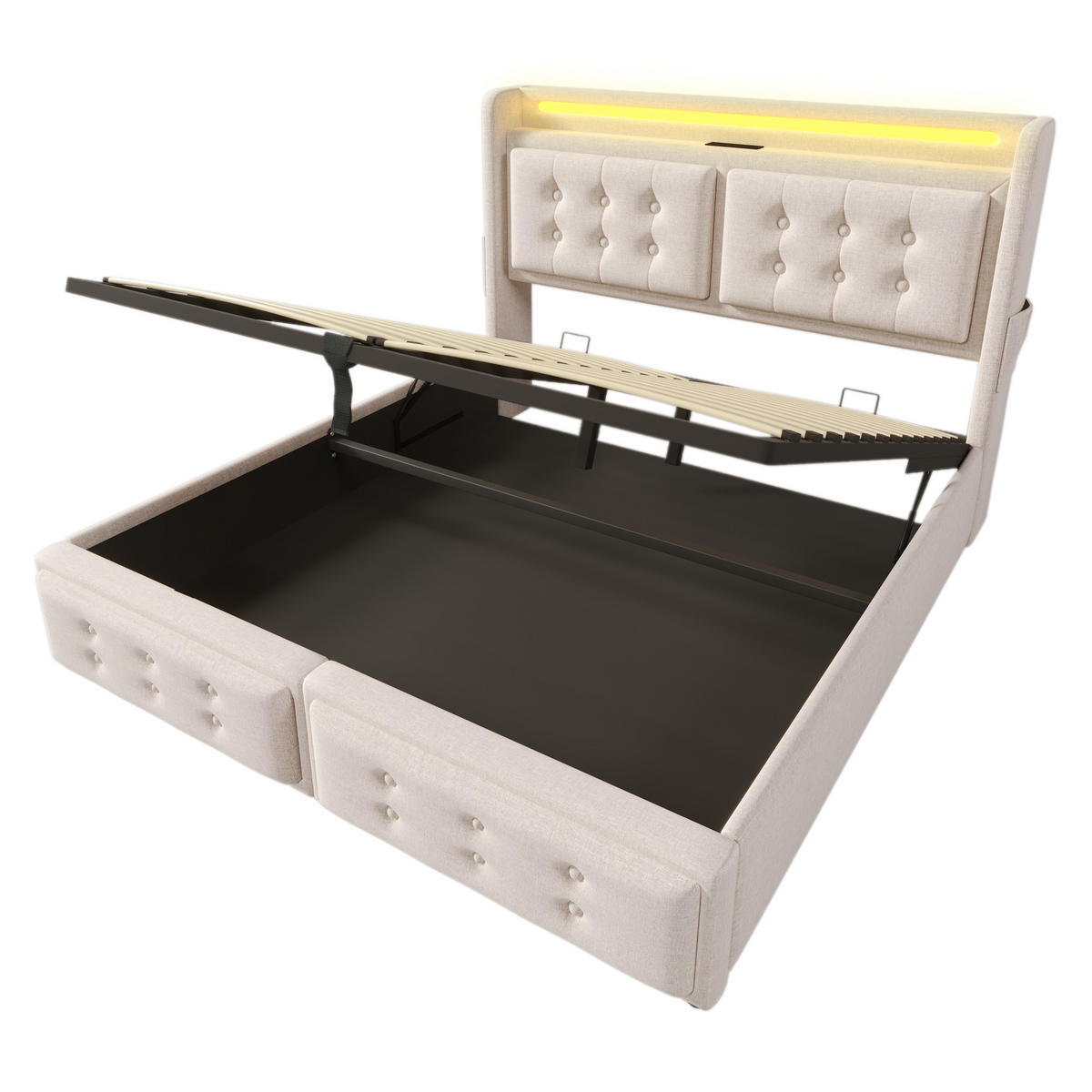POLSTERBETT 180/200 cm Beige mit LED-Beleuchtung und USB-Anschlüssen - Beige, Textil (180/200cm) - OKWISH