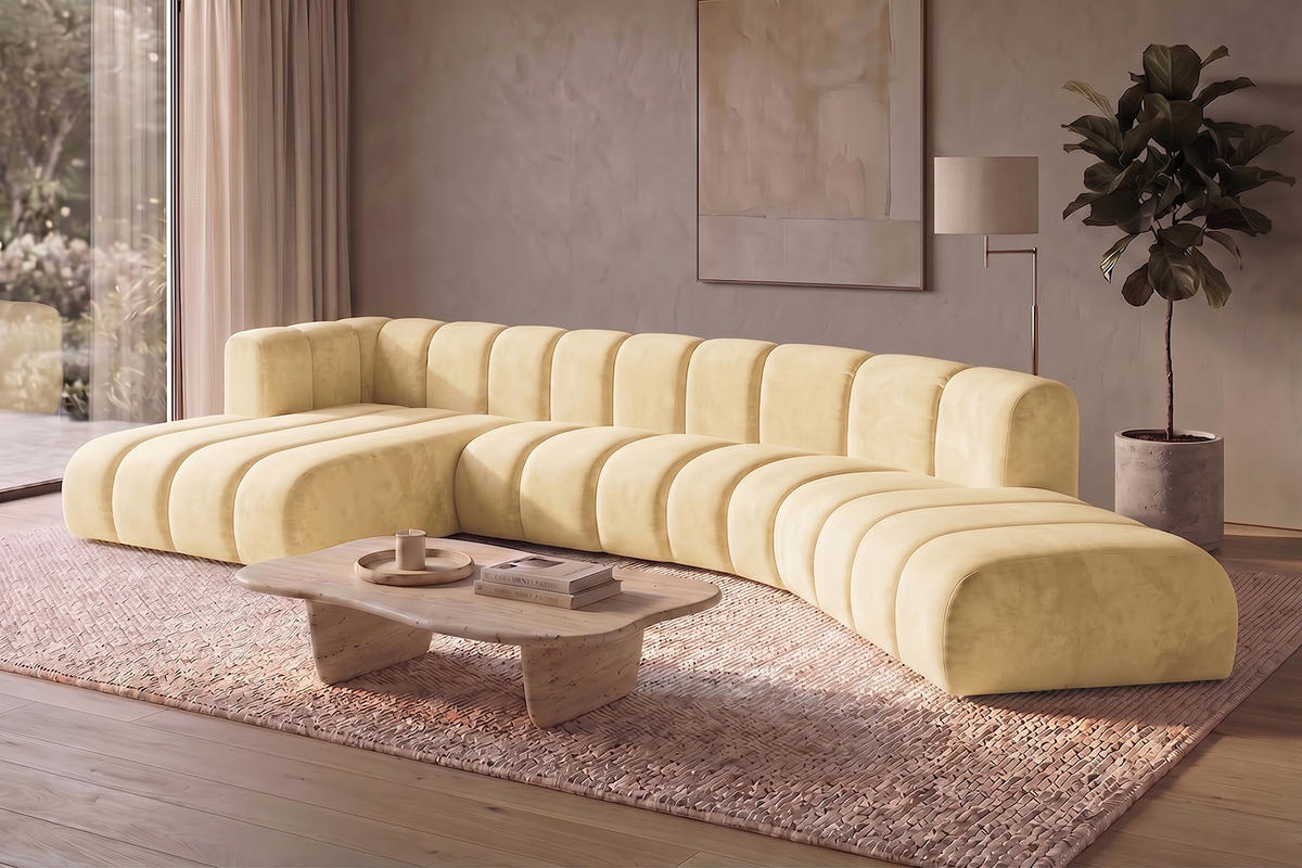 ECKSOFA Modulares In L-Form, Velvet-Stoff Riviera, Buttergelb, Links, GRAND Round - Hellgelb, Holz (445/179cm) - Kaiser Möbel
