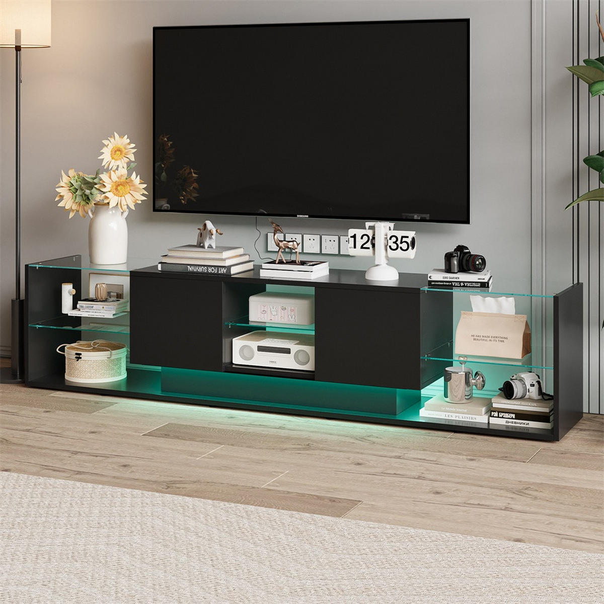 TV-LOWBOARD 200 cm - mit LED-Beleuchtung und Glasablage - Hochglanz Schwarz - Schwarz, Holzwerkstoff (35/45/200cm) - DELFA